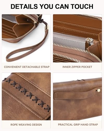 BOSTANTEN Wallets for Women Leather RFID Double Zipper Around Credit Card Holder Large Capacity Wristlet Clutch Wallet - color: Brown