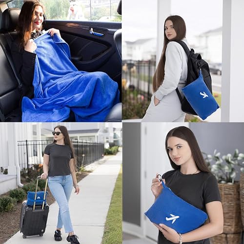 BlueHills Travel Blanket Pillow in Mini Soft Case Premium Plush Airplane Blanket in Soft Bag Compact Pack with Luggage Belt and Backpack Clip Car Portable Cozy Traveling Accessories - Royal Blue M07 - color: Royal-m07