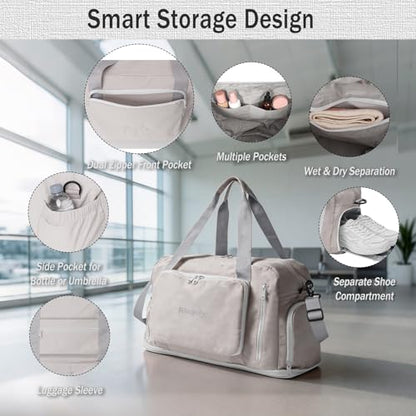 Travel Duffel Bag, 30–40L Expandable Weekender Bag with Shoe Compartment, Foldable Carry On Travel Bag with Wet Pocket and Matching Pouch - color: Grey