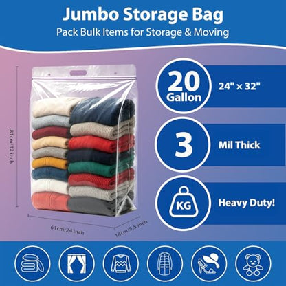 20 Gallon Jumbo Zipper Storage Bags, Pack of 12, Clear Plastic Storage Bag with Handle, 24 x 32 Inch Heavy Duty Ziplock Storage Bag Resealable Large Bag with Zipper Top for Moving and Bedding, 4 Mil - size: 20 Gallon - 12 Pack