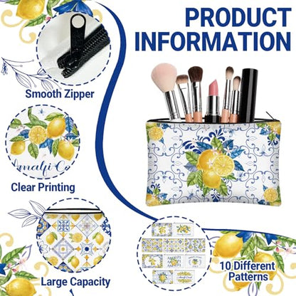 30 Pcs Amalfi Coast Makeup Bags Romantic Lemon Canvas Cosmetic Zipper Pouches with Blue Yellow Makeup Bag Bulk Canvas Cosmetic Travel Toiletry Pouch for Women Bachelorette Birthday Gifts - style: Lemon Porcelain