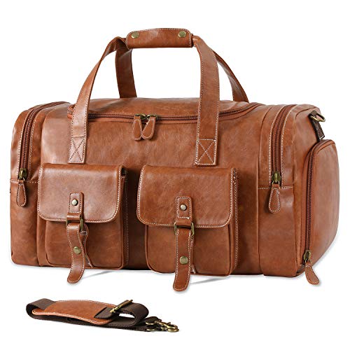 Zeroway PU Leather Travel Duffel Bag with Shoe Pouch Large Carry on Bag Waterproof Weekender Overnight Bag for Men Women Brown - color: Brown