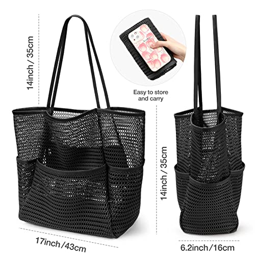 KPX Beach Bag with Mini Pocket, Summer Beach Tote Bags for Women Large Foldable Mesh Swimming Pool Travel Bags - Sandproof - color: Black