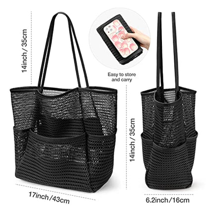 KPX Beach Bag with Mini Pocket, Summer Beach Tote Bags for Women Large Foldable Mesh Swimming Pool Travel Bags - Sandproof - color: Black