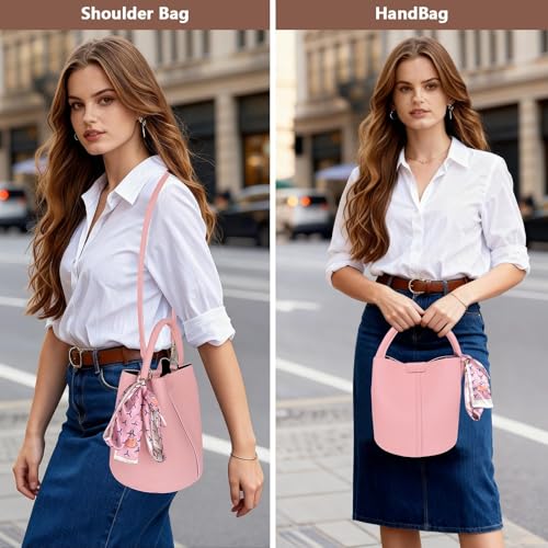 Vegan Leather Bucket Bag for Women Crossbody Bucket Purse with Removable Fashion Bucket Handbag - color: Pink