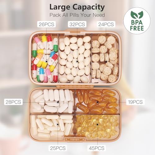 FYY Weekly Pill Organizer with Labels,8 Compartments Travel Daily Pill Case Airtight Moistureproof Large Pill Box to Hold Vitamins, Fish Oil, Supplements,Cotton Swab and Bandages-Brown - color: Brown