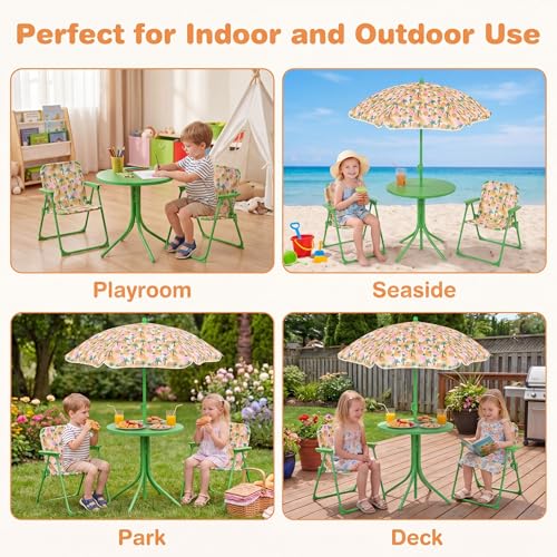 HONEY JOY Kids Picnic Table, Animal Themed Toddler Outdoor Table and Chair Set, 2 Folding Chairs & Removable Umbrella, Children Outdoor Furniture for Backyard Patio Garden (Green Lion) - color: Green Lion