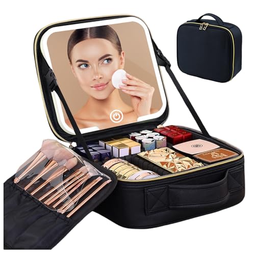 Makeup Bag with LED Mirror, Three-level Adjustable Brightness, Travel Makeup Case with Removable Lighted Mirror, Adjustable Dividers and Brush Storage Board