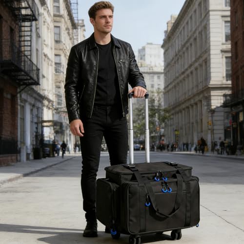 Rolling Dj Cable Bag with Laptop and Microphone Pocket, Dj Bag for Equipment and Music Accessories with Detachable Dividers, Bottom Pad, Dj Gig Bags for Musicians, Professional, Travel, Blue - color: Blue, style: Rolling Dj Cable Bag