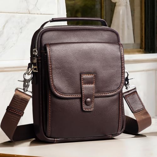 Augus Leather Small Messenger Bag For Men Crossbody Handbag Shoulder Sling Travel Bags for Men Purse Daypack Magnetic Buckle - color: Dark Brown