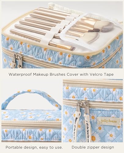 HBselect 2Pcs Travel Makeup Bag, Large Cotton Quilted Makeup Bag Cosmetic Bag Cute Make up Bag Toiletry Bags for Women Girls - color: 2PCS-DAISY