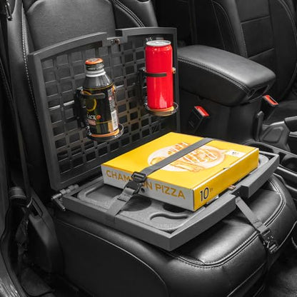 Front Seat Organizer – MOLLE Panel Car Seat Organizer with Steering Wheel Tray Cup Holder, Car Trays for Eating, Heavy-Duty MOLLE Panels for Vehicles