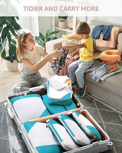 Meowoo 7 Set Compression Packing Cubes for Travel, Durable Ripstop Mesh Suitcase Organizer with Shoe Bag, Ultralight & Expandable Space Saver Travel Cubes - color: Turquoise