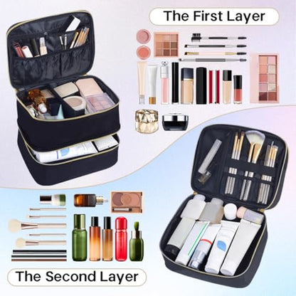 Double Layer Makeup Bag Portable Large Cosmetic Case Organizer with Adjustable Dividers Storage Travel Bag for Accessories Brushes Conditioner and Skin Care Products (Black)