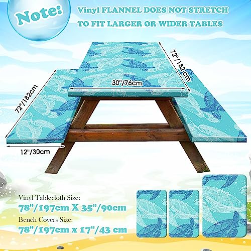 Boao 3 Pcs Vinyl Picnic Table Cover with Bench Cover 6 ft 30 x 72 Inch Waterproof Fitted Tablecloth Flannel Backing Rectangular Elastic Edged for Camping Outdoor Patio Travel(Turtle) - color: Turtle