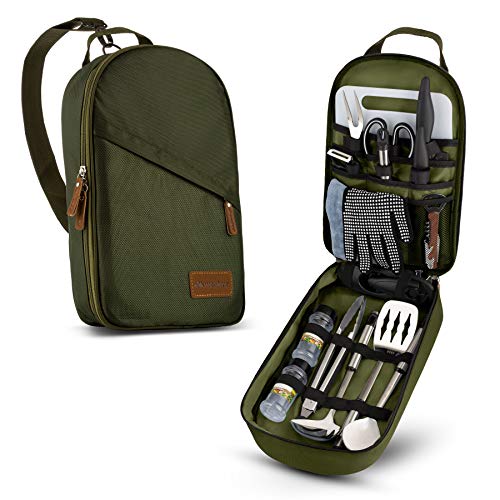 Wealers Camp Kitchen Cooking Utensil Set Travel Organizer Grill Accessories Portable Compact Gear for Backpacking BBQ Camping Hiking Travel Cookware Kit Water Resistant Case - color: Green