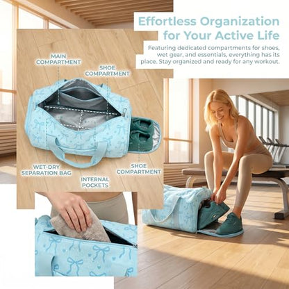 Gym Bag Sports Duffle Bag with Wet Pocket Weekender Overnight Bags with Waterproof Shoe Pouch and Air Hole for Girls Kids Women Workout Travel Bags (Bow Tie Blue) - color: Bow Tie Blue