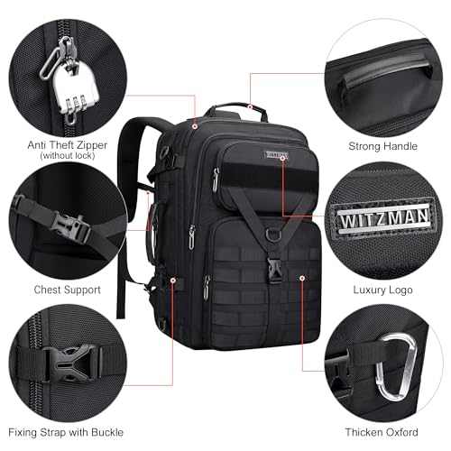 WITZMAN Carry On Travel Backpack for Men Large Convertible 45L Fit 17 Inch Laptop Backpack 3 in 1 Bag for Airline Approved(B688 Black) - color: Black