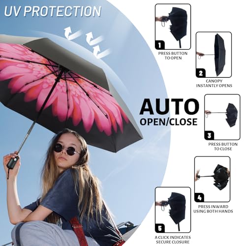SY COMPACT Travel Umbrella - Windproof Automatic Compact Umbrella for Rain, Lightest 8-Rib, Small, Strong & Portable, Durable Grip, Fits Backpack & Car, Factory Direct (UV Available) - color: UPF-Flower red