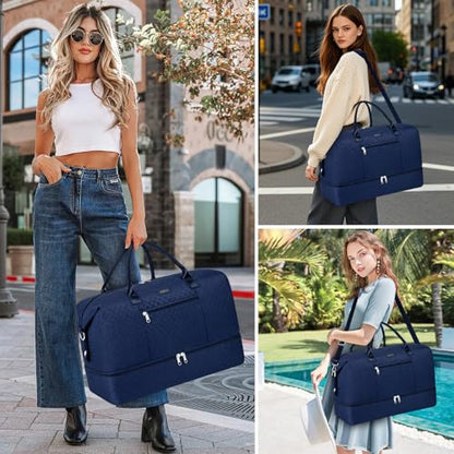 ITIEZY Weekender Overnight Bag for Women - Large Travel Duffel Bag with Shoe Compartment, Gym Duffel Bag Hospital Bag Carry On Tote Bags for Airplanes with Crossbody Bag Toiletry Bag 3Pcs Set - color: 9a-Blue