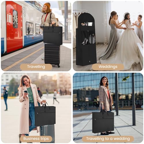 Wedding Dress Garment Bag,72" Tri-Fold Bridal Gown Bag with 6 Pouches and Adjustable Buckle Gown Cover for Wedding/Prom/Travel/Closet Storage (Black) - color: Black