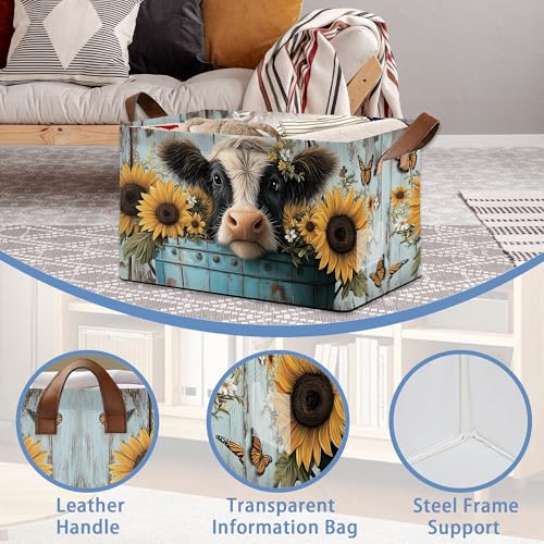 Wooden Highland Cow Storage Baskets,Butterfly Sunflower Foldable Large Capacity Organizer Bins with Waterproof Lining and Leather Handles for Closet,Shelf,Bedroom 17x11.5x10Inch - color: Wooden Highland Cow Butterfly Sunflower