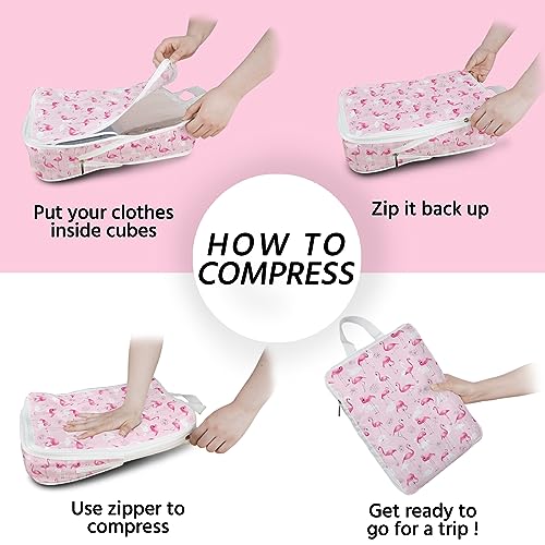 6 Pcs Compression Packing Cubes Waterproof Suitcase Travel Bag Luggage Backpack Organizer Travel Cubes for Packing-Flamingo - color: Flamingo