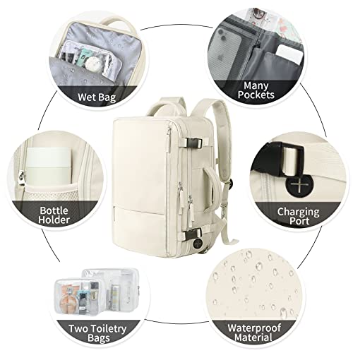 Hanples Travel Backpack for Women Men Large Carry On Person Item Flight Approved 17 In Laptop Backpack Waterproof anti theft Casual Luggage with 2 Toiletry Bag(Beige) - color: Beige, size: Large