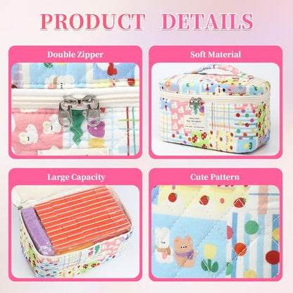 3PCS Coquette Makeup Bag,Quilted Cosmetic Bag Large Make Up Bag Set,Quilted Portable Toiletry Organizer Bag,Cotton Travel Skincare Bag for Women Girls (02-Cartoon Paradise) - style: 02-cartoon Paradise
