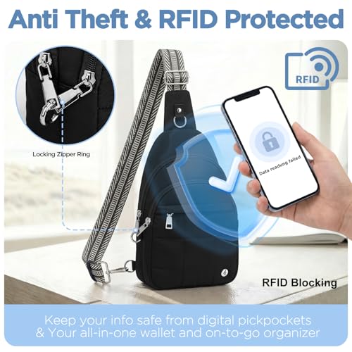 Anti Theft Sling Bag for Men & Women, Lightweight Puffer RFID Crossbody Bag for Travel, Commuting & City Walking, Hands-Free Everyday Essentials Bag Black - color: Black