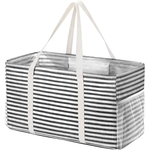 Lifewit Extra Large Tote Bag, Reusable Grocery Bags with Metal Wire Frame and Handles, Standing Utility Foldable Shopping Bags for Storage, Picnics, Beach, Laundry, Car, 46L, 1 Pack, Black - color: Black