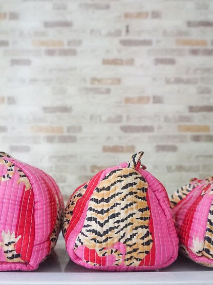 YILLE Set of 3 Pieces Block Printed Travel Organizer Kit Storage Bag for Women Makeup Bag Travel Cosmetic Bag (Pink Fat Tiger) - color: Pink Fat Tiger