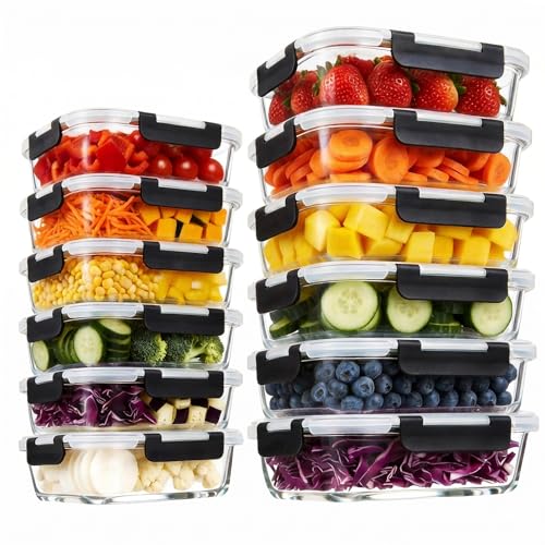 Konokyo Rectangular Glass Food Storage Containers with Lids, 12 Pack Airtight Leakproof Meal Prep Containers, BPA-Free, Microwave Oven Freezer & Dishwasher Safe, Assorted Sizes - color: Black