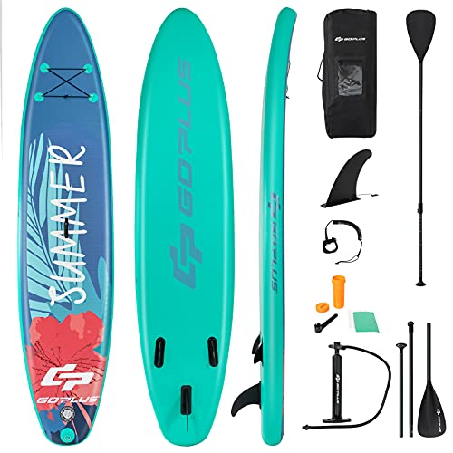Goplus Inflatable Stand up Paddle Board, 10'/10.5'/11' SUP 6" Thick with Premium Accessories, Adjustable Aluminum Paddle, Leash, Carry Bag, Hand Pump, Removable Fin, ISUP for Adults - size: 10.5 FT, style: Green
