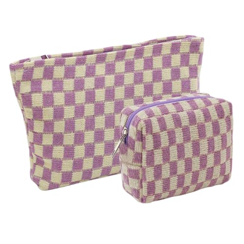 2 Pieces Makeup Bag Set, Small Checkered Cosmetic Bag Travel Toiletry Organizer Mini Purple Cosmetic Pouch Case Makeup Brushes Quilted Aesthetic Accessories Storage Bag for Women (Large+Mini Purple) - color: Large+Mini Purple