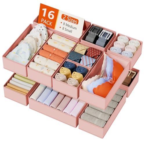 DIMJ Drawer Organizers Clothes, Set of 16 Dresser Organizer Bins, Fabric Closet Organizers and Storage, Shallow Drawer Dividers for Nursery, Clothing, Baby Clothes, Socks, Underwears, Tie (Pink) - color: Pink, size: 16 Pack