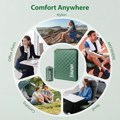 Inflatable Travel Seat Cushion – Self-Inflating Memory Foam Pad for Airplane, Stadium Bleachers, Camping, Hiking & Backpacking – Ultralight Compact & Portable Sitting Cushion - color: Green