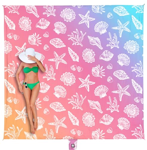 WEKAPO Beach Blanket Waterproof Sandproof Oversized, Extra Large Beach Mat Sand Free, Lightweight & Compact Sand Free Mat with 5 Stakes & 4 Corner Pockets - color: Gradient-pinkpurple Sea Shells, size: 8 x 7 FT (1～4 person)