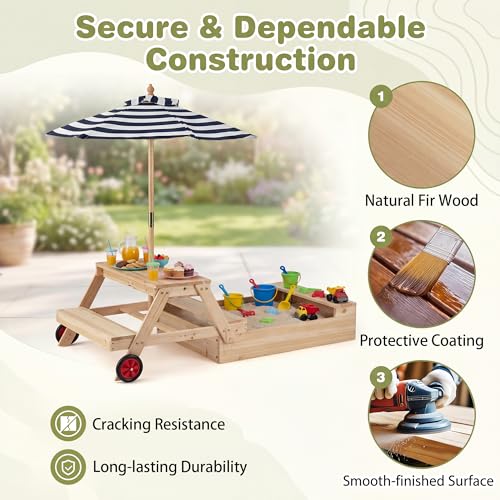 HONEY JOY Kids Picnic Table with Sandbox, Fir Wood Toddler Outdoor Table & Chair Set w/Wheels, Removable Umbrella & Sensory Bin, Children Convertible Outdoor Furniture for Backyard Patio Garden (Blue)
