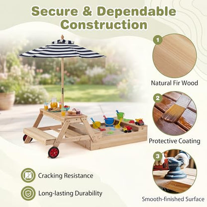 HONEY JOY Kids Picnic Table with Sandbox, Fir Wood Toddler Outdoor Table & Chair Set w/Wheels, Removable Umbrella & Sensory Bin, Children Convertible Outdoor Furniture for Backyard Patio Garden (Blue)