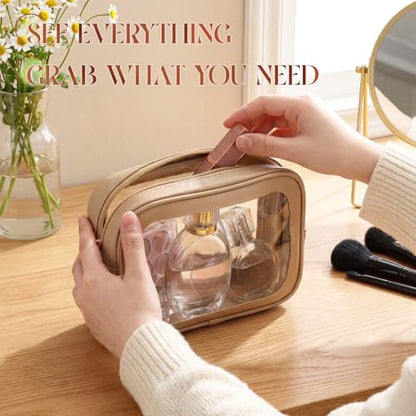 Abbylike 4 Pcs Nude Clear Makeup Bag PU Leather Tsa Approved Toiletry Bag with Zipper Transparent Waterproof Portable Cosmetic Bags Travel Car Clear Organizer Bags for Women Girls Mother's Day - color: Nude