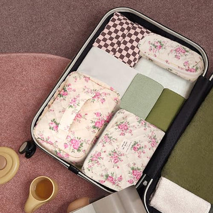 GISMTR 3Pcs Cotton Quilted Makeup Bag Large Travel Cosmetic Bag Coquette Makeup Pouch Cute Aesthetic Floral Toiletry Bag for Women Girls (flower-M) - color: flower-M