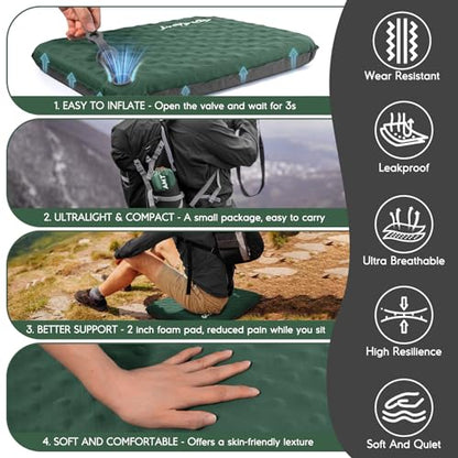 Inflatable Seat Cushion, Self-Inflating Memory Foam Stadium Seats Cushion Lightweight & Compact Chair Sitting Pad Airplane Cushion for Long Flight Travel Outdoor Camping Car Bleachers Office - color: 1 Pack Green
