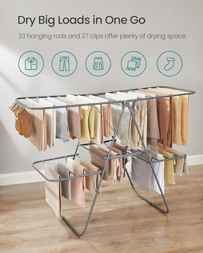 SONGMICS Clothes Drying Rack, Foldable 2-Level Laundry Drying Rack, Free-Standing Laundry Airer, with Height-Adjustable Wings, 33 Drying Rails, Sock Clips, Gray ULLR053G02V1 - color: Gray, size: 2 Tiers（22"d x 61.8"w x 64.3''h )