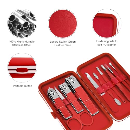 Manicure Set, Travel Mini Nail Clippers Kit Pedicure Care Tools, 10pcs Stainless Steel Grooming kit (Red) - color: Red