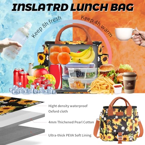 Joymee Insulated Lunch Bag for Women Reusable Leakproof - Sunflower | Large Spacious, Cooler Lunch Bag, Adjustable Shoulder Strap, With Side Pocket, Bottle Holder, for Office Work Picnic Travel - color: Sunflower