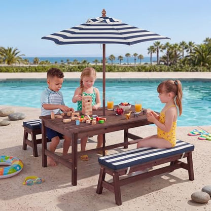HONEY JOY Kids Picnic Table, Large 42” x 23” Tabletop, Fir Wood Toddler Outdoor Table & Bench Set w/Removable Cushions & Umbrella, Children Backyard Furniture for Patio Garden, Seats for 4 (Blue) - color: Blue