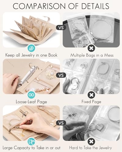 VLANDO Travel Jewelry Organizer Case,Valentines Gift,Jewelry Storage Book Ring Binder with Clear Zipper Velvet Jewelry Pouches Bags for Rings,Necklace,Earrings-Cream White - color: 01.Cream White