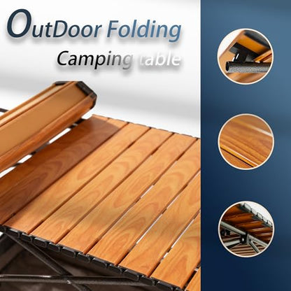 Outdoor Folding Table, 7.93LBS Ultralight Camping Table with Built-in Storage & Carry Bag, 225LBS Heavy Duty Aluminum Tabletop Carbon Steel Frame for Camping, Picnic, Beach, BBQ - color: Wood
