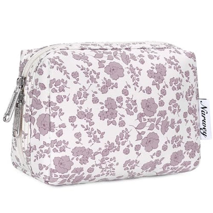 Narwey Small Cute Floral Makeup Bag for Purse Mini Cosmetic Bag Travel Makeup Pouch Zipper Pouch Cute Make up Bags with Compartments for Women Girls (Dusty Pink Flower, Small) - color: YA-Dusty Pink Flower, style: Small